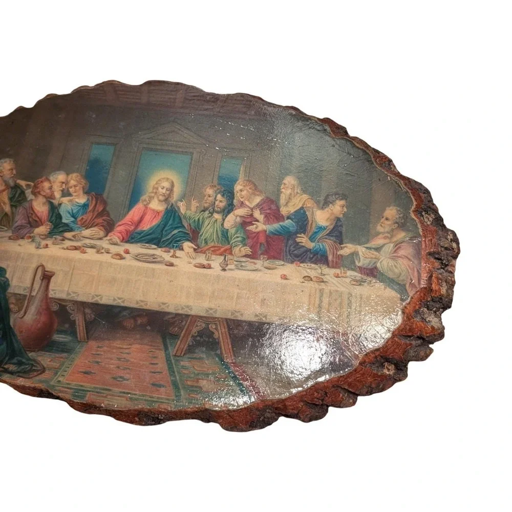 Vintage‎ Last Supper Wood Slice Decoupage Wall Plaque with Bark Edge